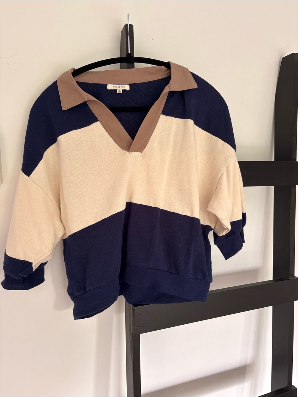 Z Supply Navy, Cream & Tan Collared Colorblock V-Neck Sweater